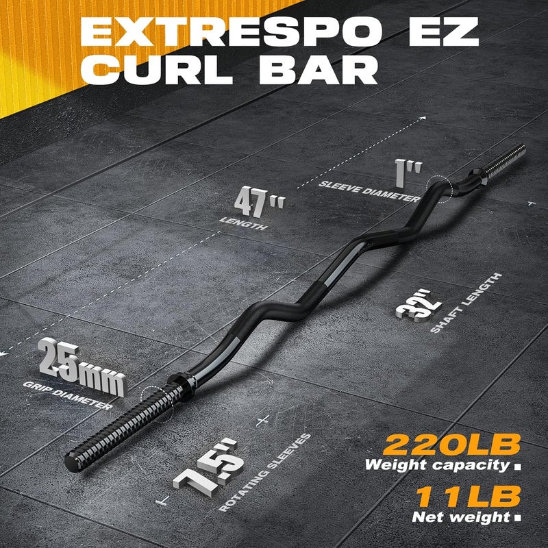 ExtreSpo 47" EZ Curl Bar Weight Lifting Bar, for Hip Thrusts/Squats/Lunges, 1" Weight Plates Curling Bar for Gym and Home, with Star Collars - Image 2